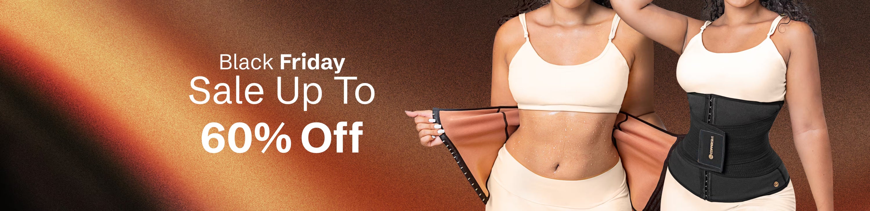 Two women wearing Copper Slim shapewear, showing sweat results and waist trainer fit